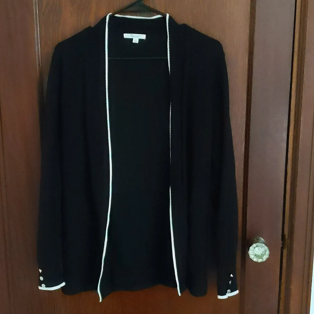 89th + Madison Black with White Stripe Long Sleeve Open Front Cardigan Size Med